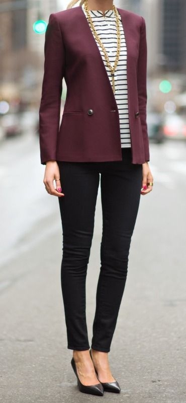 Take Note of How Sharp the Plum Jacket, Tailored Pants and Casual Top Combo Looks