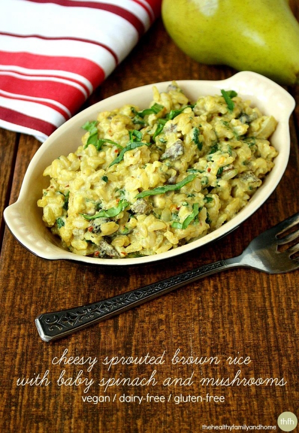 CHEESY SPROUTED BROWN RICE with BABY SPINACH and MUSHROOMS