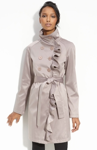 Tahari Ruffle Trim Satin Trench Coat