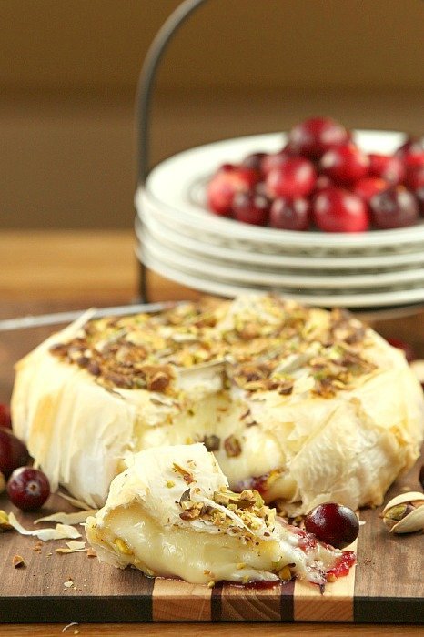 Cranberry Pistachio Stuffed Brie Wrapped in Phyllo