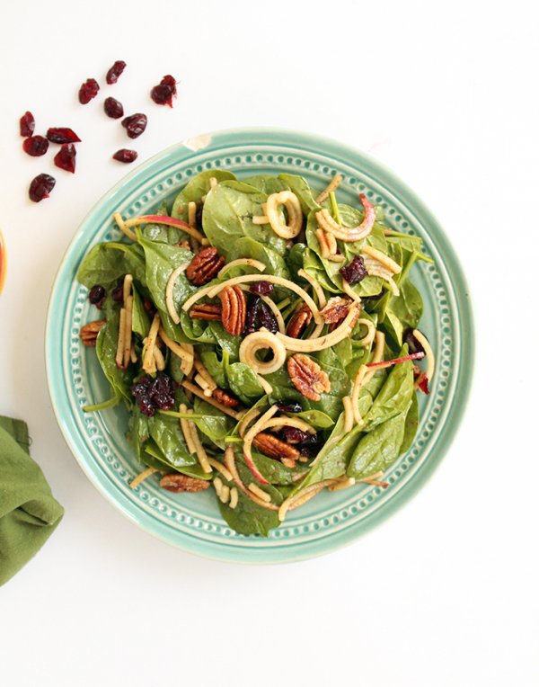 SPINACH and APPLE NOODLE SALAD with PECANS and CRANBERRIES