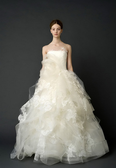 Vera Wang "Helena" Ivory Strapless Ballgown with Appliques and Full Organza Skirt