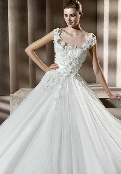 Elie by Elie Saab "Neftis" White Ballgown with Full Organza Skirt and Floral Bodice Detailing