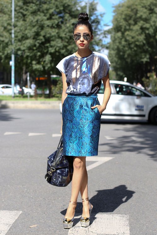 Metallic Skirt, T-Shirt, and a Sock Bun