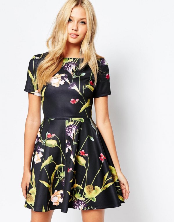 Dark Floral Skater Dress