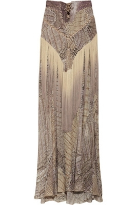 Roberto Cavalli Fringed Snake Print Silk-Chiffon Maxi Skirt