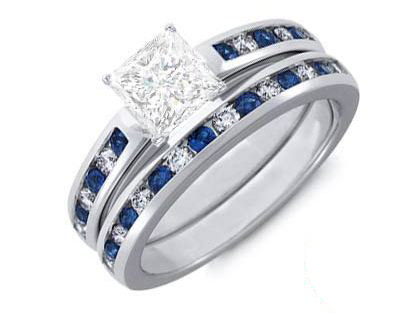 1.40 Carat Princess Diamond and Sapphire Bridal Set on 14K White Gold ...