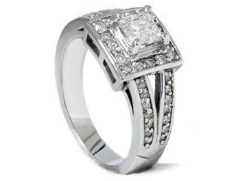 0.90CT 14k White Gold Princess Cut Diamond Engagement Split Shank Vintage like Pave Ring Color (H) Clarity (I1)