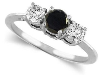 14K White Gold round 3 Stone Black Diamond & White Diamond Ring (1/2 Ctw)