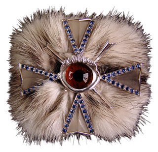 Delfina Delettrez. Fur Bracelet with Silver Cross, Sapphires, Crystals, and Glass