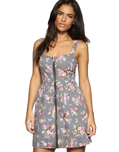 Iska Zip Front Gingham Floral Dress