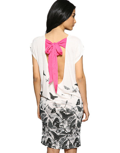 Ribbon Tie Butterfly Print Dress