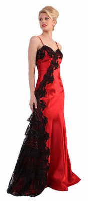 Long Red Black Formal Dress Black Lace Spaghetti Strap