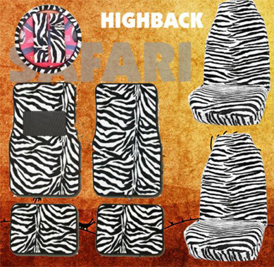 9pc Safari White Zebra Tiger Print Car Floor Mats, High Back Seat Covers, Steering Wheel Cover & Shoulder Pad Set