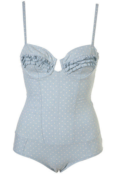 Topshop Pale Blue Denim Spot Ruffle Body