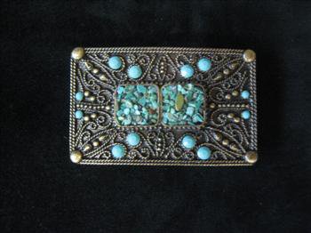 Brass Rectangle Belt Buckle with Turquoise Chips