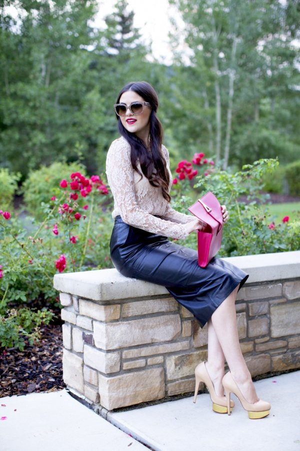 Lace Top with Leather Skirt