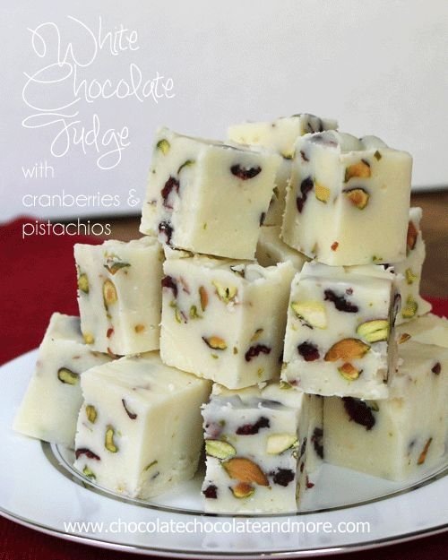 White Chocolate Fudge with Cranberries and Pistachios