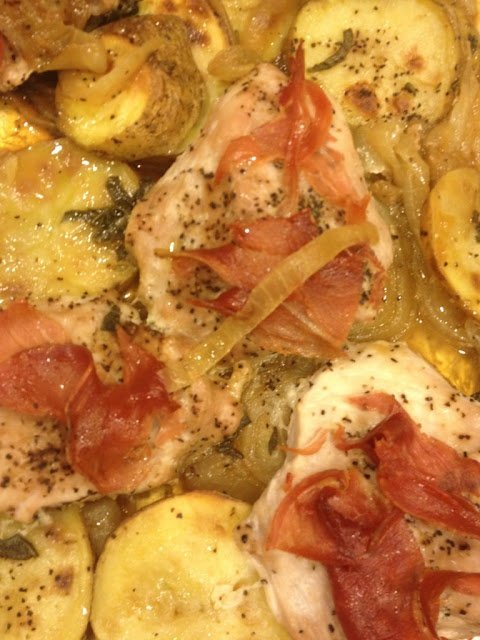 Pork Saltimbocca with Roasted Onions and Potatoes