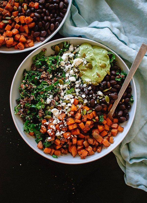 Southwestern Kale Salad with Sweet Potato, Quinoa, and Avocado Sauce