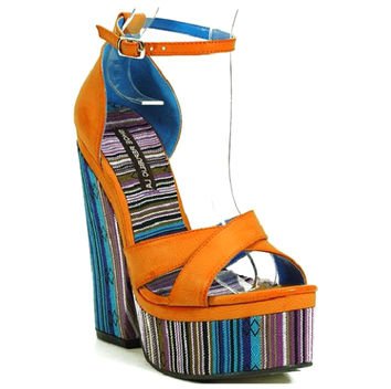 Orange Tribal Slingback Wedge Platform