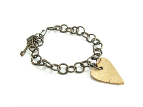 Birch Wood Heart and Brass Bracelet Heart Padlock