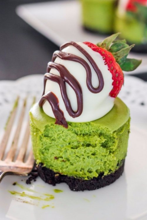 Matcha Mini Cheesecakes with White Chocolate Covered Strawberries