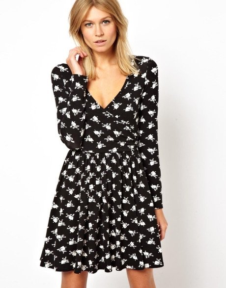 ASOS Wrap Front Skater Dress in Heart Print