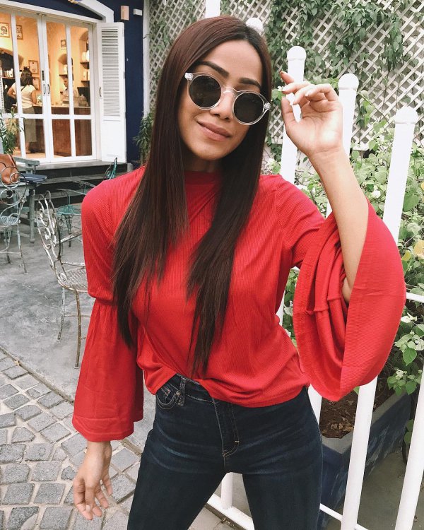 red, eyewear, sunglasses, shoulder, vision care,