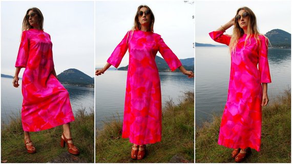 Hawaiian Bright Pink Bell Sleeve Floral Maxi Dress