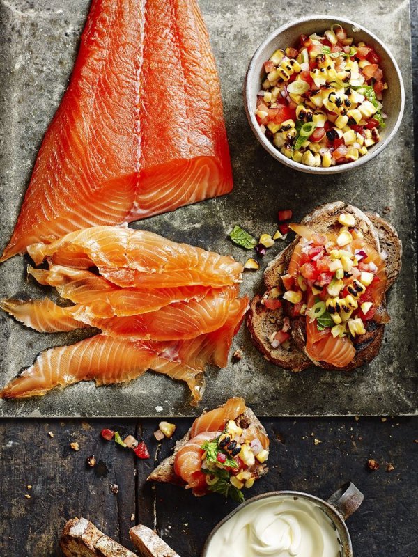 smoked salmon, dish, food, salmon, vegetable,