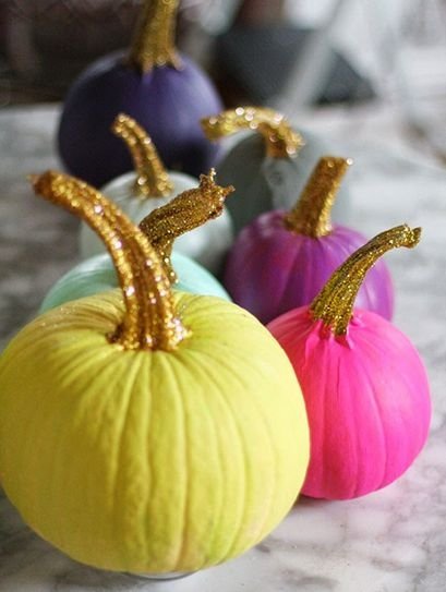 Colorful Painted Pumpkins with Gold Glitter Stems