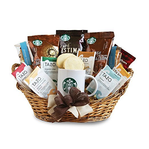 Starbucks, gift basket, basket, hamper, food,