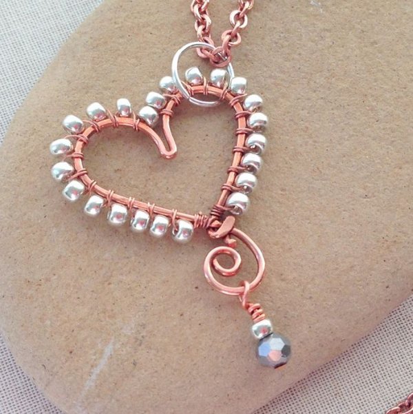 Copper and Silver Beaded Wire Heart