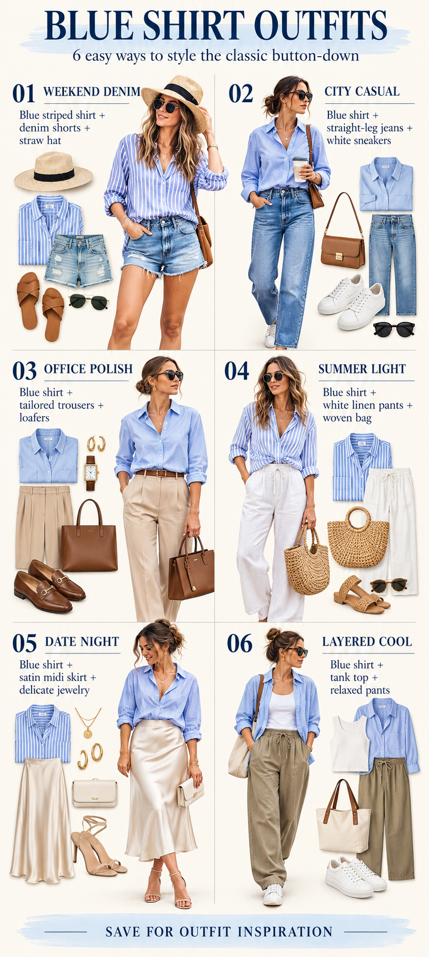 Blue shirt outfits infographic showing six ways to style a classic button-down