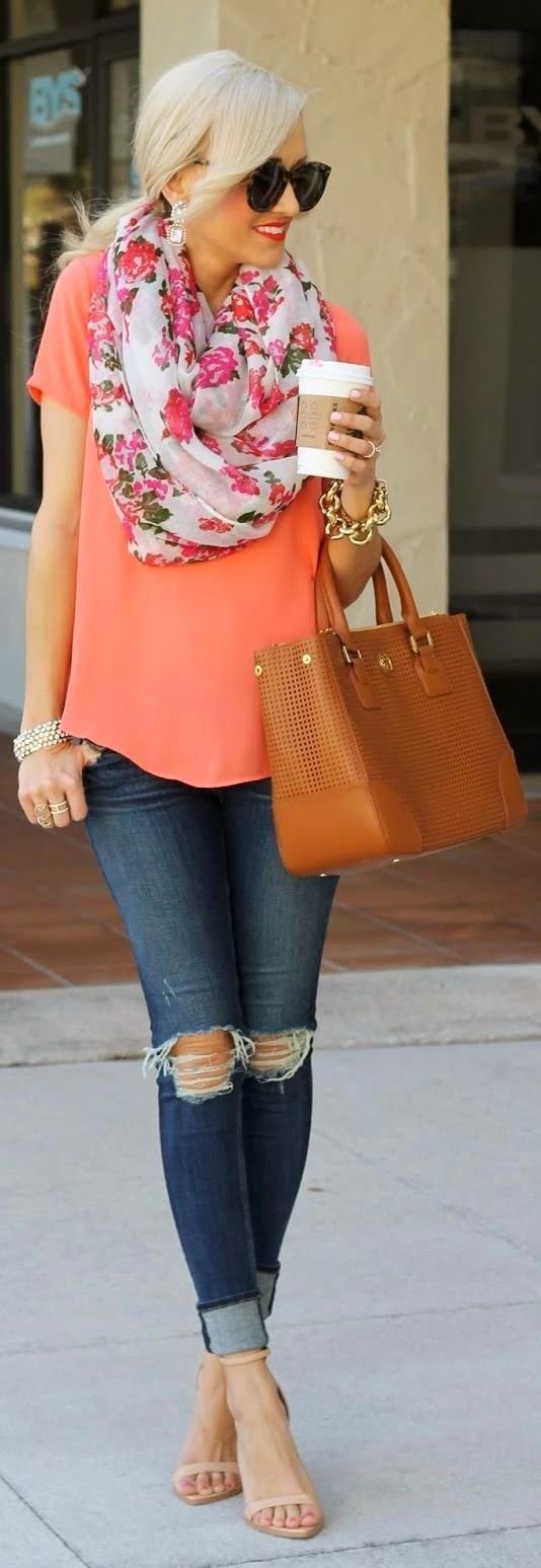 Pink Floral Scarf with Pop of Coral